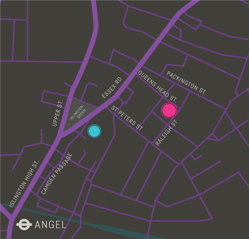 Map of 3 Angel, Islington, London, with 3 locations of Angel Comedy Club events